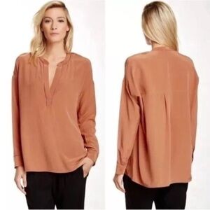 Vince Small Orange Silk Blouse Elegant Details V Neck Long Sleeve